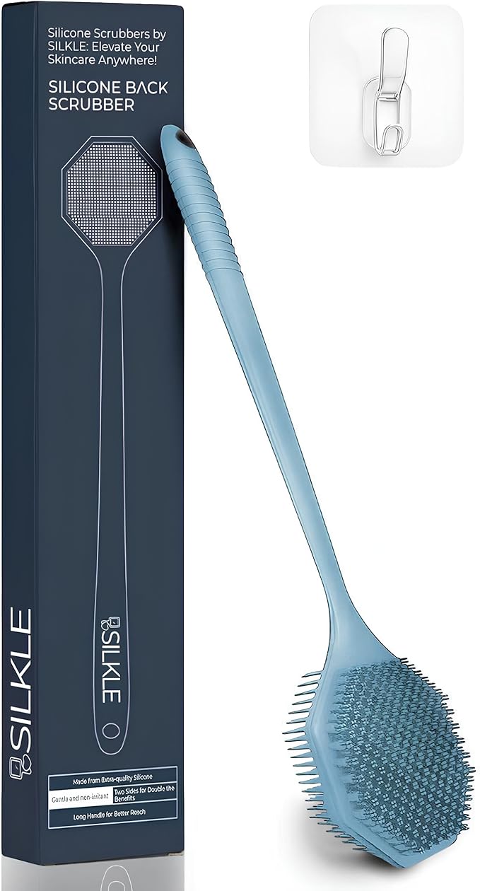 Silicone Back Scrubber with Long Handle - Octagon Body Brush for Shower, Bath, and Exfoliating - Skin Cleansing, Back Scrub and Gentle Silicone Sponge - Wash Your Body with Easy Reach - Blue
