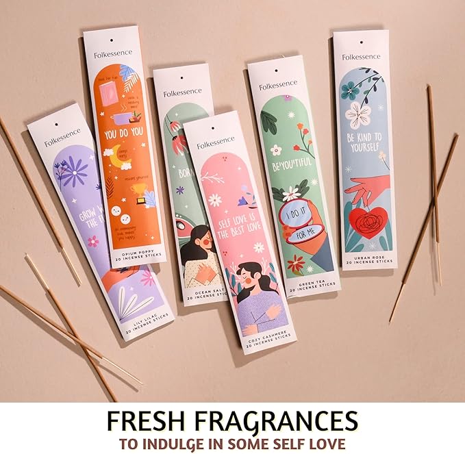 Folkulture Incense Sticks for Home | Set of 6 (120 Organic Sticks) for Relaxation | Green Tea, Rose and Geranium, Natural and Non Toxic | Organic and Slow Burning Inscents for Gifts for Her