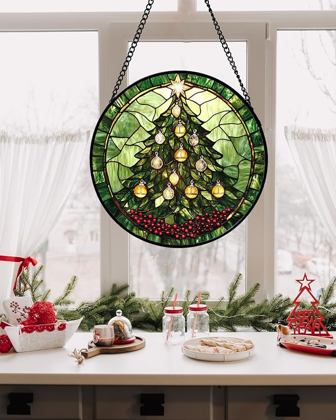 Stained Glass Window Hanging - Green Christmas Tree Golden Bells Suncatcher for Doors Home Christmas Decoration Sun Catcher Thanksgiving New Year Birthday Gift for Women Men Mom Nana 11.8 in