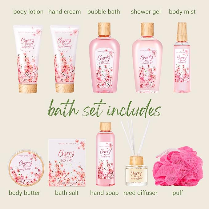 Green Canyon Spa Gifts Baskets for Women, 11pcs Cherry Blossom Spa Relaxing Gift Bags Sets with Shower Gel, Body Lotion, Christmas Birthday Gifts for Her, Mothers Day Gifts