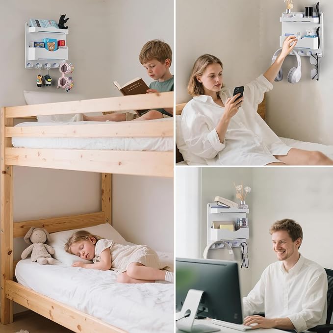 JUMEIHUI Bedside Wall Shelf with Glasses Hooks ,Adhesive Bedside Organizer Wall Mount for Dorm and Room Accessories Phone,Remote,Earphone, Kindle (White)