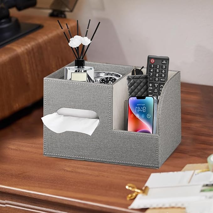 Leather Square Tissue Box Cover with Storage Tray,Cube Tissue Box Holder,Modern Facial Paper Organizer with Remote Control Holder for Bathroom,Vanity Countertop,End Table NightStand Home Office.Grey