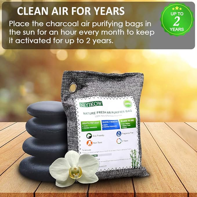 NIYIKOW Charcoal Bags Odor Absorber (Large, 4Pack x 200g), Nature Fresh Bamboo Charcoal Air Purifying Bags, Activated Charcoal Odor Absorber for Home, Car, Closet, Pets, Basement Odor Eliminator -Grey