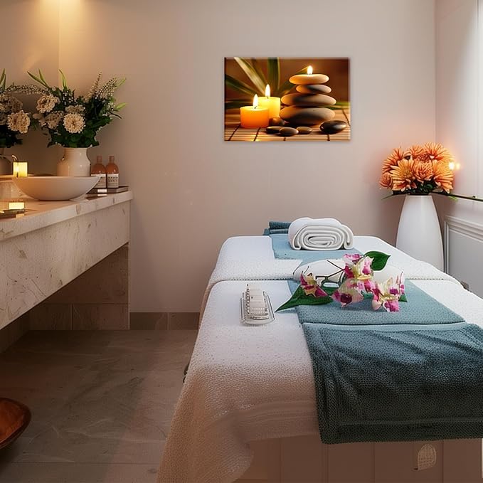 Zen Canvas Wall Art Candles Stones Pictures Print Spa Serene Still Life Painting Meditation Framed Artwork for Spa Yoga Room Bathroom Decor(Artwork-1,16"x24")