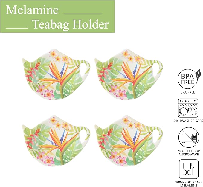 Supreme Housewares Bird of Paradise Tea Bag Holders, Teapot Shaped Tea Bag Coasters Spoon Rests Saucer Seasoning Dish Set, Multicolor, 4 x 3 Inch, Set of 4