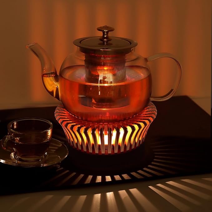 Tea Warmer with Magnolia Flower Design, JUKFITA Golden Aluminum Alloy & Wood Teapot Warmer, Short