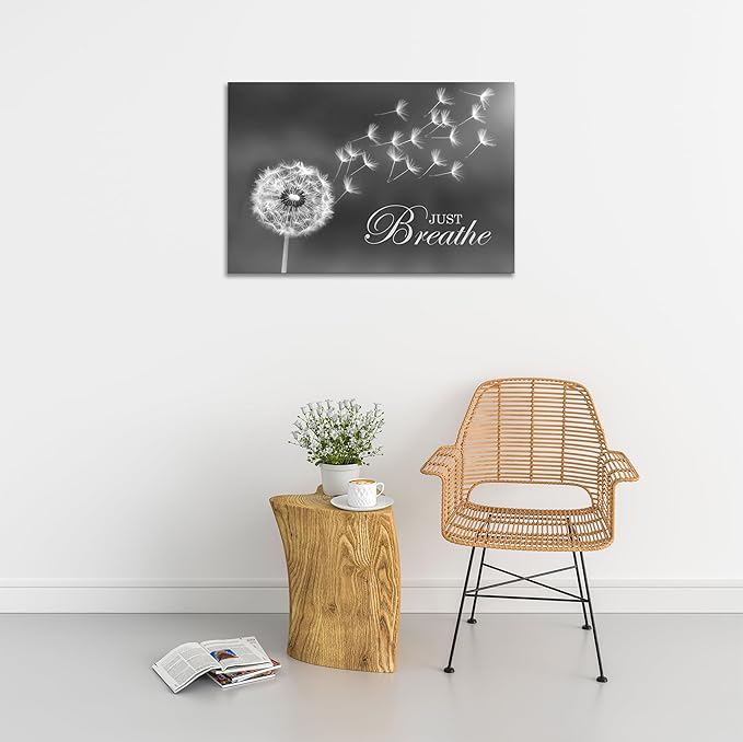 SKASNFAI Black and White Dandelion Zen Wall Art Canvas Just Breathe Motivation Positive Picture Art Print for Spa Yoga Meditation Wall Decor Ready to Hang (24L x 36W)