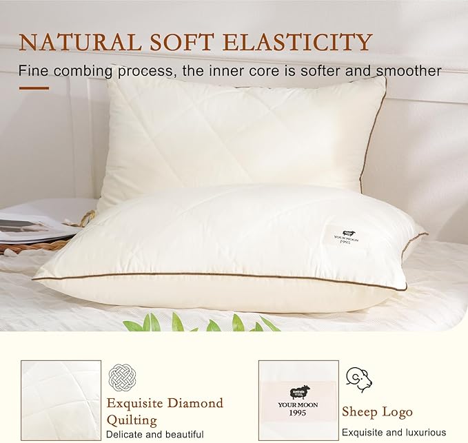 YOUR MOON Organic Wool Pillow King Size Set of 2, Soft Support Bed Pillows for Sleeping, Luxury Down Alternative Pillow for Side & Back Sleepers, 100% Cotton Cover, Natural Wool Filling (Off White)