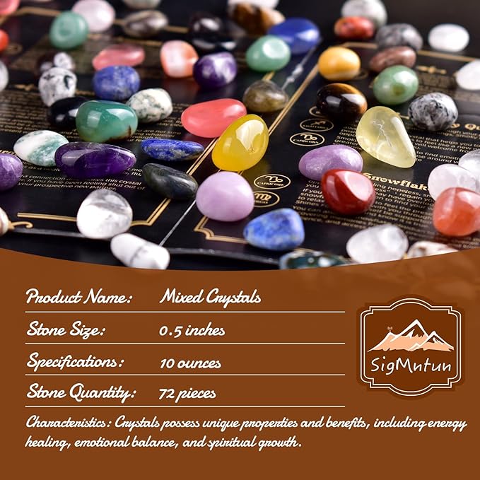Polished Stone Pebbles Set Mixed Crystals, 72 Pcs 0.5" Handpicked Tumbled Stones Decorative Rocks for Reiki, Chakra, Healing, Home Decor, Mixed Pebbles
