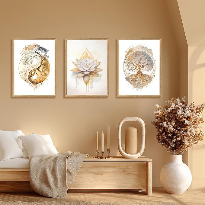 GELDSTEI Tree of Life Wall Art, Calming Zen Wall Decor, Abstract Yin Yang Tree Canvas Painting, Modern Gold Lotus Flower Meditation Poster Print for Living Room Yoga Room Bedroom Wood Framed 16"x24"x3