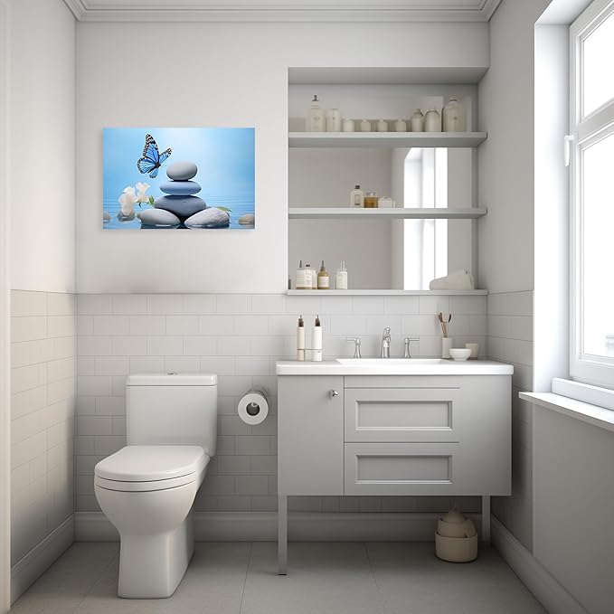 ARTZGX Zen Wall Art for Bathroom Zen Stone Picture Blue Butterfly Painting Still Life Artwork for Yoga Room Decor Frame(Zen - C 20.00" x 30.00")
