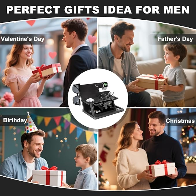 Gifts for Men 3-in-1 Charging Stand Compatible with iPhone 16 Charger Station, Nightstand Organizer Wood, Fathers Day Perfect for Dad Husband Boyfriend Son, for iPhone 16/15/14/13/12 Max Plus, Watch