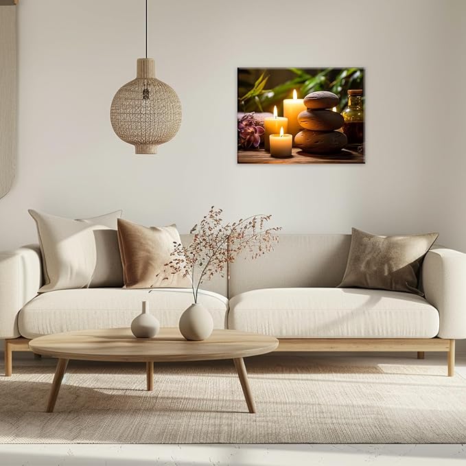 GLOKAKA Zen Canvas Wall Art Stacked Spa Stones White Candle Painting Relaxation Artwork Meditation Decor for Spa Yoga Room Bathroom Ready To Hang(Artwork-3,16"x24")