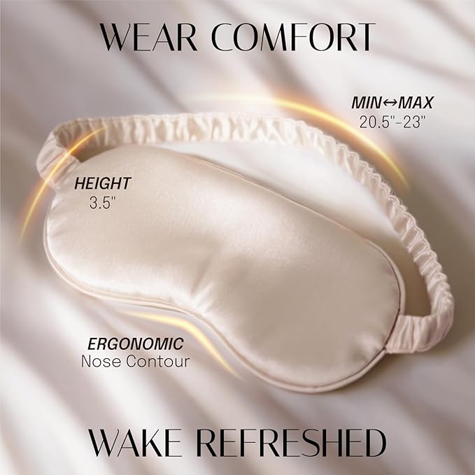 Silk Sleep Mask Eye Mask Blindfold with Double Layer Silk Filling and Elastic Strap for Full Night's Sleep, Travel and Nap, Soft Eye Cover Eyeshade with Luxury Bag and Ear Plugs (Champagne)