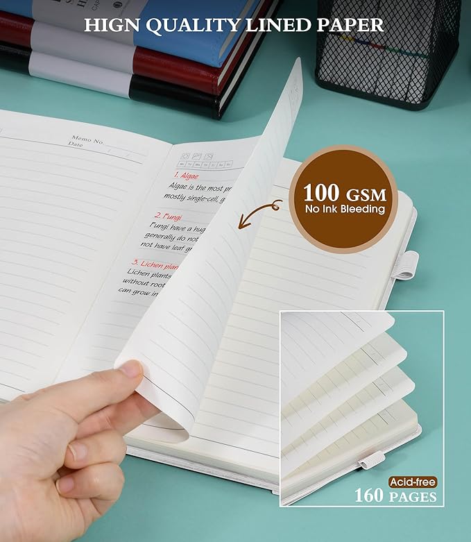 Lined Journal Notebook for Writing, A5 100 GSM Thick Paper, Leather Hardcover Journal for Woman Men, Travel Journal Diary 160 Pages(5.75'' X 8.38'' White)