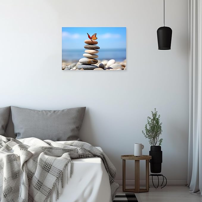 ARTZGX Zen Stone Wall Art Canvas Spa Bathroom Pictures Butterfly Print Meditation Still Life Painting for Yoga Room Decor Frame(Zen - D 20.00" x 30.00")