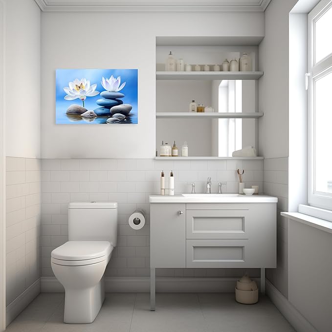 ARTZGX Zen Canvas Wall Art for Bathroom Lotus Pictures Blue Spa Stone Painting Butterfly Flower Artwork for Yoga Decor Frame(Zen - B 20.00" x 30.00")