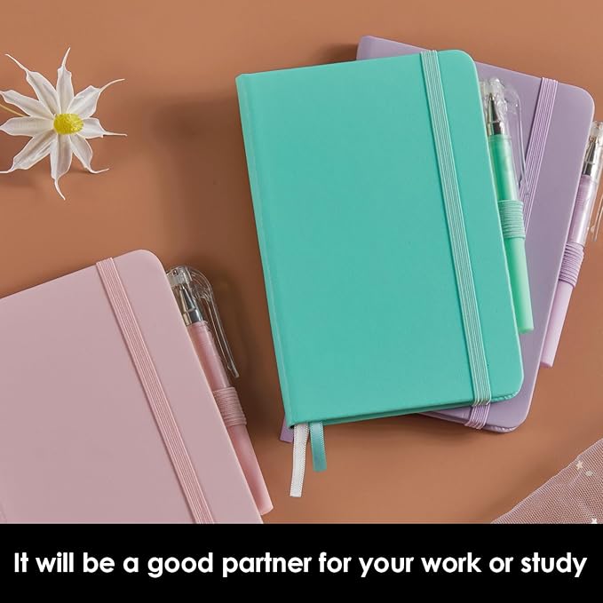 3 Pack Small Notebook Journal with Pen, A6 Mini Pocket Size Notepad Journal Notebook for Women/Men Work, Cute Note Book Note pads, 3.7" x 5.7", Leather, Pink, Purple, Green