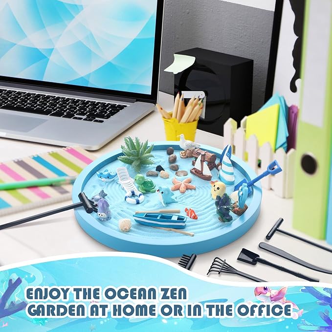 37 Pcs Ocean Zen Garden Kit for Desk 10 x 10 Inches Japanese Beach Sea Decoration Mini Zen DIY Gifts Set with Mini Decorative Tools Blue Tray and Sand for Desktop Meditation Accessories