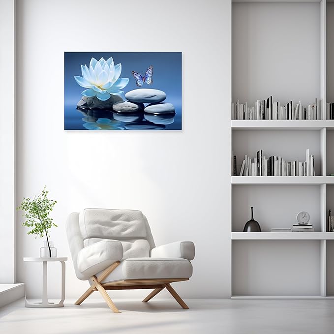 ARTZGX Blue Zen Wall Art Lotus Flower Canvas Spa Stone Pictures for Bathroom Wall Decor Meditation Butterfly Painting Frame(Zen - A 28.00" x 42.00")
