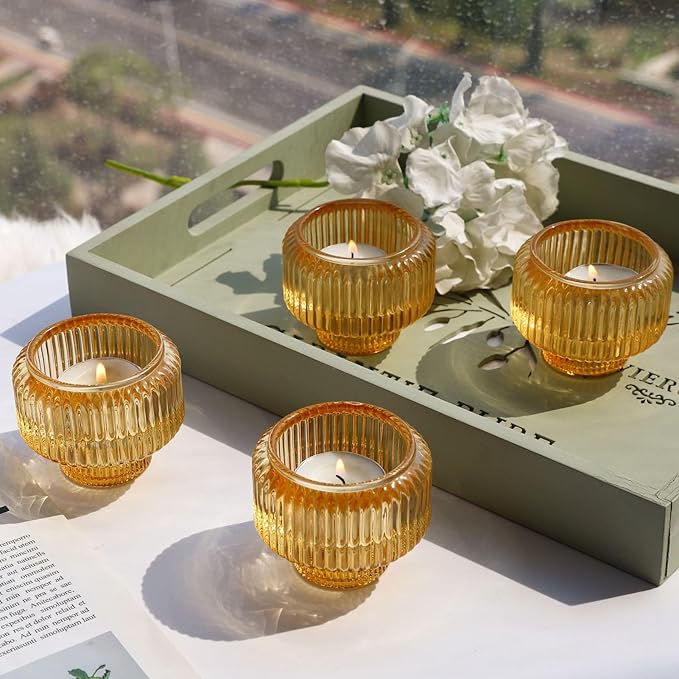 Woho Gold Candlestick Holder Set of 4, Tapered Candlestick Holders for Table Centerpiece, Glass Taper Candle Holders Bulk for Wedding Dinning Party