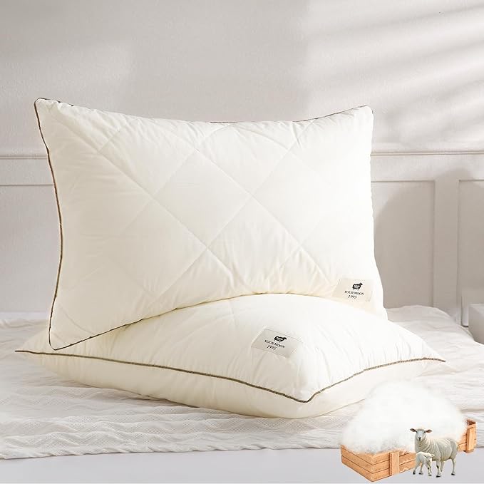 YOUR MOON Organic Wool Pillow King Size Set of 2, Soft Support Bed Pillows for Sleeping, Luxury Down Alternative Pillow for Side & Back Sleepers, 100% Cotton Cover, Natural Wool Filling (Off White)