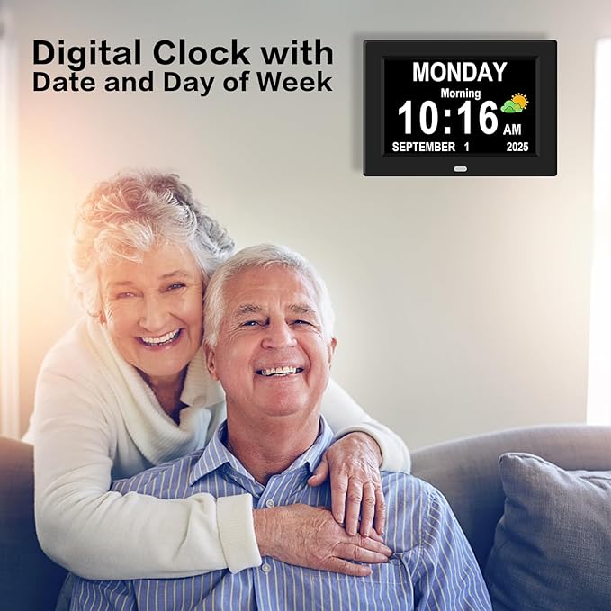 10'' Large Display Digital Alarm Clock for Seniors Date Day of Week Electric Digital Clocks 12 Alarms 4 Colors Desk Calendar Clocks for Memory Loss Alzheimers Clock Auto DST/Dimmer
