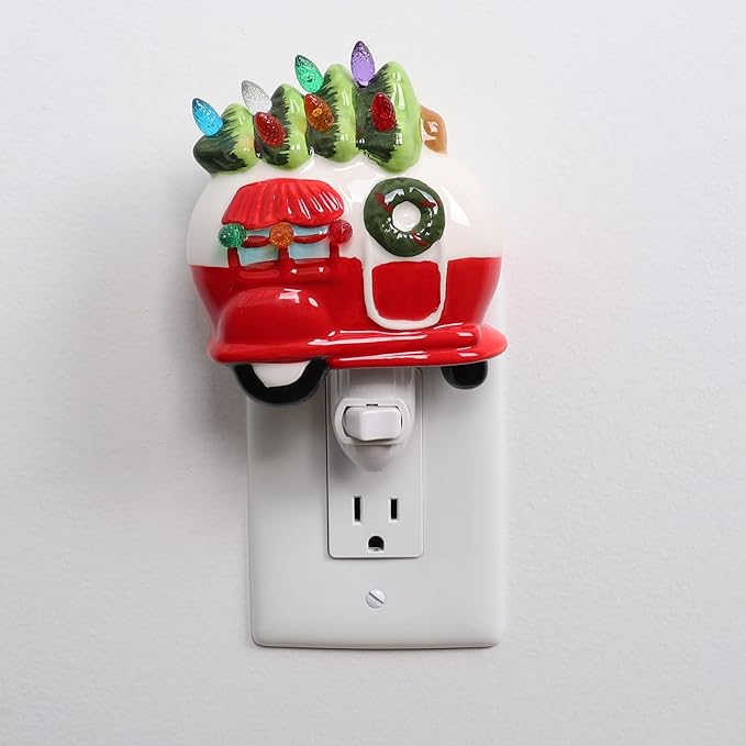 Milltown Merchants Ceramic Night Light - Plugin Vintage Tree with Lights - Mini Decorative Tree (Camper)