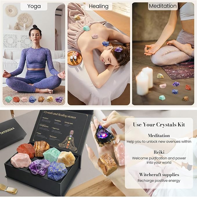 Crystals and Healing Stones Set with Orgonite Pyramid - (2-2.5 inch) Large 7 Chakras Stones, Positive Energy Healing Stones for Meditation Spiritual Protection, Christmas Birthday Gifts for Women