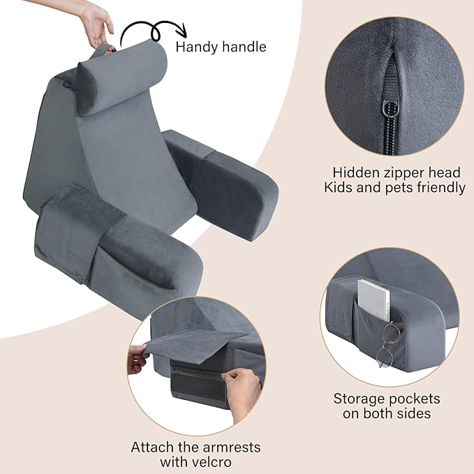 ENITYA Reading Pillow with Arms for Bed Support, 21" Large Back Support Pillow for Sitting up, Wedge Pillow for Reclining, Watching TV, Reading, Gaming, Resting in Bed, Couch or Floor, Grey