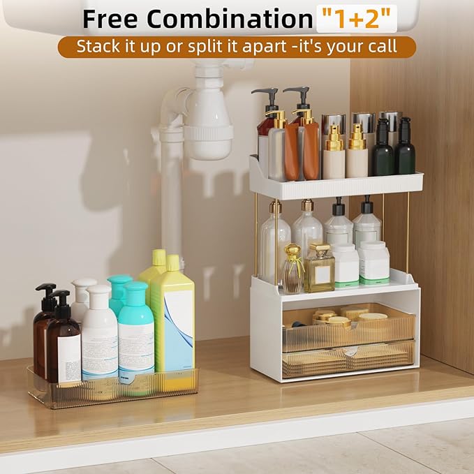 3 Drawers Makeup Organizer - 5 Tier Bathroom Organizers and Storage, Versatile Perfume Vanity Organizer, Ideal for Cosmetic, Large Skincare, Face Mask, Office Supplies, Amber