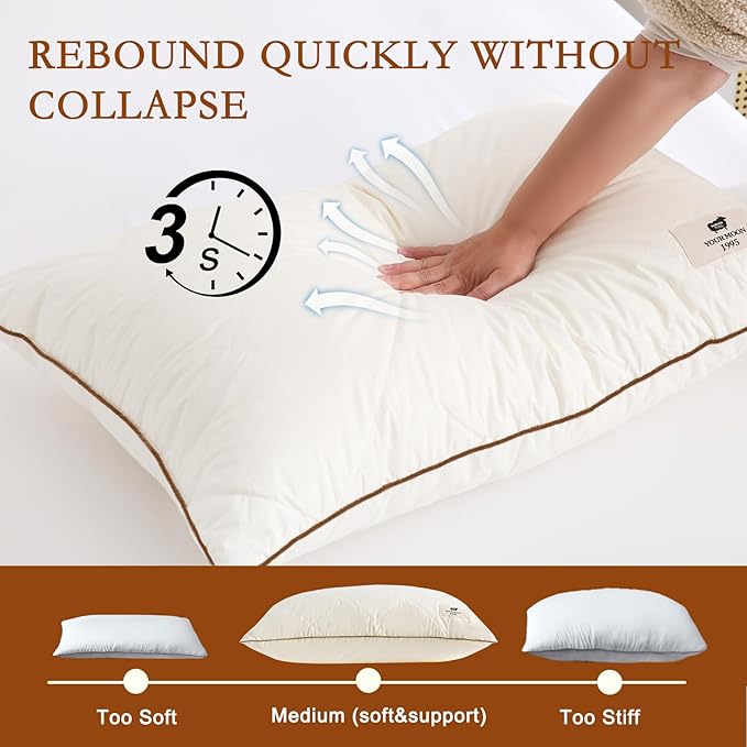YOUR MOON Organic Wool Pillow King Size Set of 2, Soft Support Bed Pillows for Sleeping, Luxury Down Alternative Pillow for Side & Back Sleepers, 100% Cotton Cover, Natural Wool Filling (Off White)