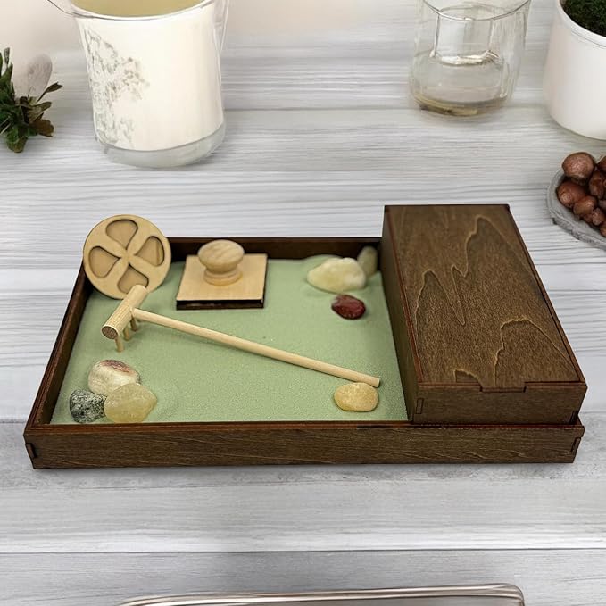 Wooden Zen Garden with Accessories Box | Palo Verde Sand with Rake & Accessories | Minimalist Decor Gift for Relaxation | Great for Storing Tools and Other Items