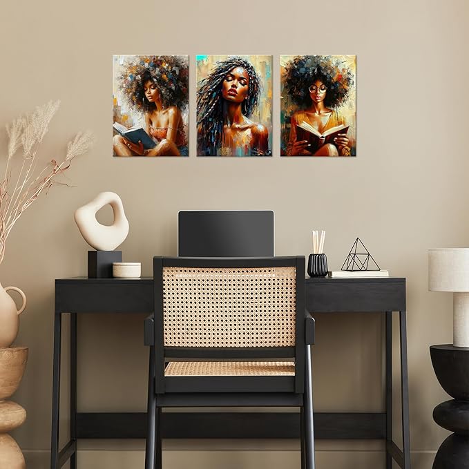 Framed Modern Abstract African American Women Wall Art Set of 3 Painting Canvas Prints,Boho Black Girl with Floral Accents, Inspirational and Trend Poster for Living Room,Bedroom, Office Decor,16X24in