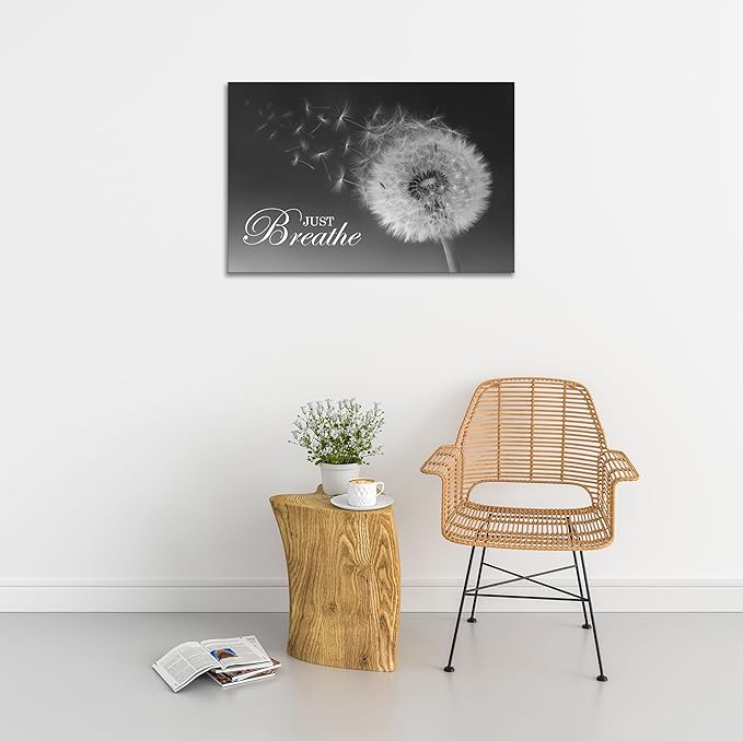 SKASNFAI Just Breathe Wall Art Zen Office Wall Decor Inspirational Yoga Quotes Positive Relax Artwork Picture Black and White Dandelion Posters Print for Meditation Room (20L x 30W)