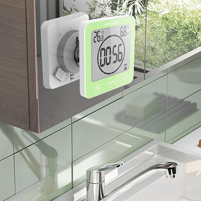 Digital Bathroom Shower Wall Clock Timer, LCD Digital Wall Clock with Suction Waterproof Temperature Humidity Gauge, Touch Screen Timer, Large Countdown Visual Timer Hanging Wall Clock (Green)