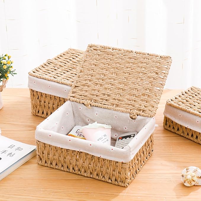 Small Wicker Basket with Lid Paper Rope Storage Baskets for Shelves Set of 3 Tampon Holder with Lid and Removable Liner for Bathroom Makeup Closet Drawer Desk Organizer (Khaki)