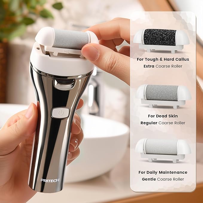 Electric Foot Callus Remover, Rechargeable Portable Electronic Foot File Pedicure Kit, Pedicure Tools for feet, 3 Roller Heads, 3 Speed, Battery Display for Remove Cracked Heels Calluses(BCM-1852)