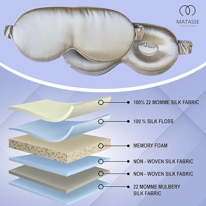 MATASSE Silk Eye Mask for Sleeping with Adjustable Elastic Band - 3D Contoured, Eye Cover Sleep Mask w/Genuine Mulberry Silk Including The Strap for Women, Men (Champagne)