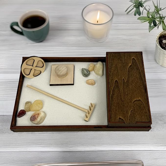 Wooden Zen Garden with Accessories Box | White Sand with Rake & Accessories | Minimalist Decor Gift for Relaxation | Great for Storing Tools and Other Items