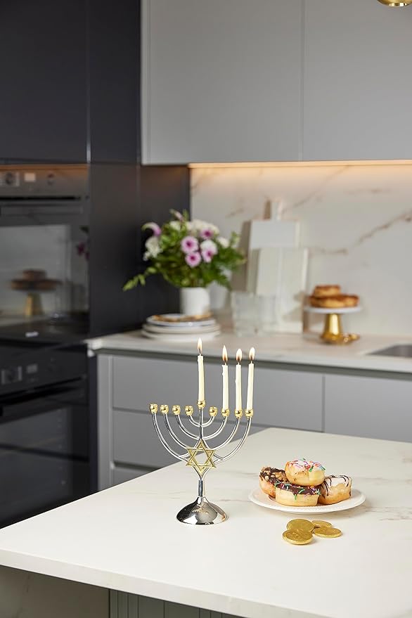 9 Branch Metal Menorah with Magen David: Modern, Elegant Jewish Hanukkah Replica Candelabra Candleholder Stand, 2-Toned Silver Gold Star Design