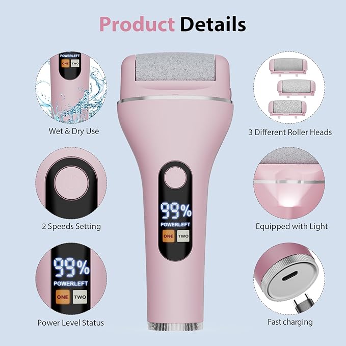 Electric Callus Remover for Feet, Rechargeable Portable Electronic Foot Callus Remover 2-in-1 Wet/Dry Foot Scrubber Electric Toot File for Hard Cracked Dry Dead Skin(Pink)