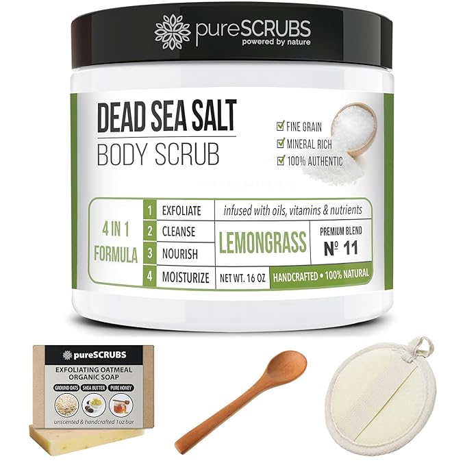 pureSCRUBS Premium Lemongrass Dead Sea Salt Body Exfoliator Scrub, Full Exfoliating Body Scrubber - Large 16oz Jar, Filled With Essential Oils, Includes Spoon, Loofah & Exfoliating Skin Soap