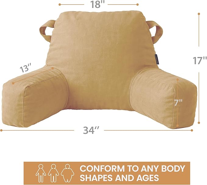 Portable Comfy Reading Pillows for Bed Sitting Up(Camel Oeko-Tex), Velvet Back Pillow with Arms & Pockets for Adults, Support Memory Foam Bed Pillow for Dorm/Reading/Watching/Gaming
