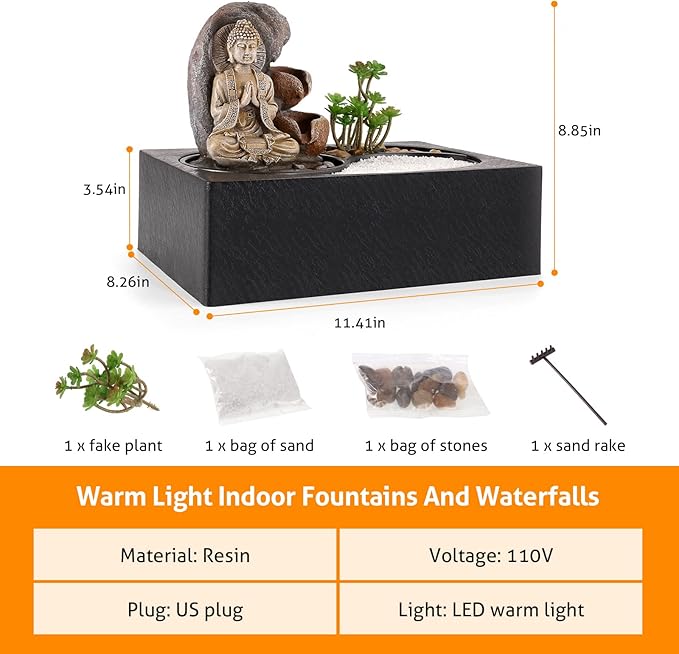WICHEMI Waterfall Fountains Indoor Water Fountain Tabletop Fountain Zen Garden Buddha Fountain with LED Warm Light for Office Home and Bedroom Desktop Decor