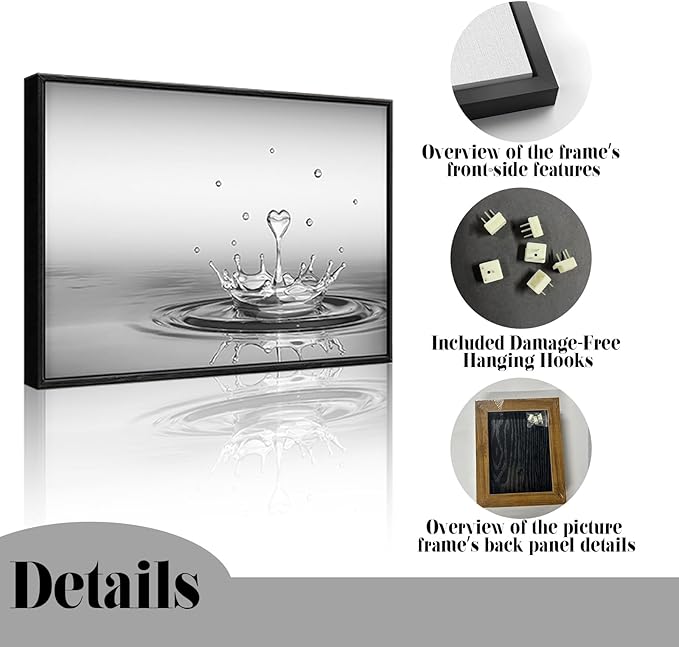 DCMVJHZV Framed Heart Drop Bathroom Wall Art Black and White Zen Bathroom Wall Art Yoga Meditation Picture Print Wall Decor Spa Room Bedroom Living Room Painting Wall Decorations(16"x24")