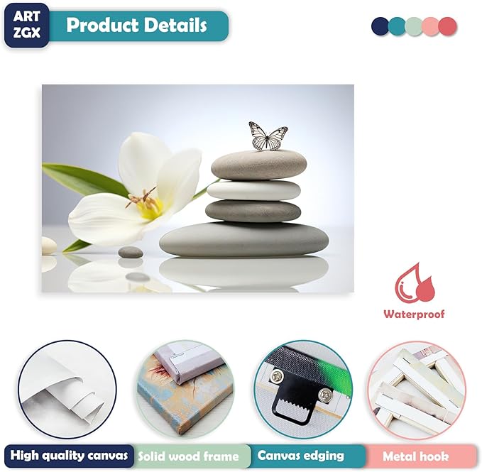 ARTZGX Zen Canvas Wall Art Spa Stones Picture Print Flower and Butterfly Painting Meditation Artwork Bathroom Yoga Decor Frame(Zen Flower - C 12.00" x 18.00")