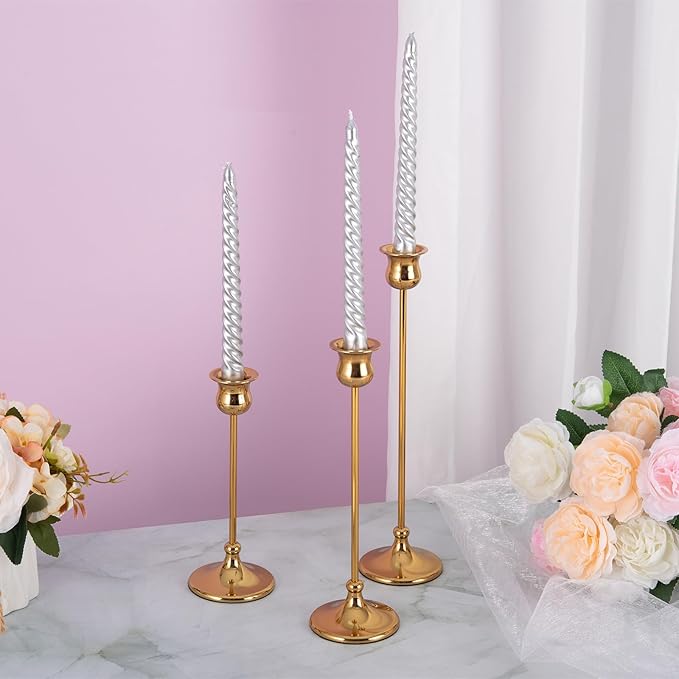 Metal Candle Holder Taper Candlestick Holders for Candle Sticks Vintage Candelabra for Halloween Thanksgiving Christmas (Gold, 1 Set (3 pcs))