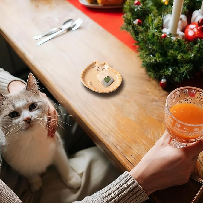 4 Inch Cat Tea Bag Holder Coaster Porcelain Ceramic Tiger Cats Tea Bag Saucer Spoon Rest Soap Dish Coaster for Kitten Lover Gifts Cute Home Parties Portable(Orange Tabby Cat)