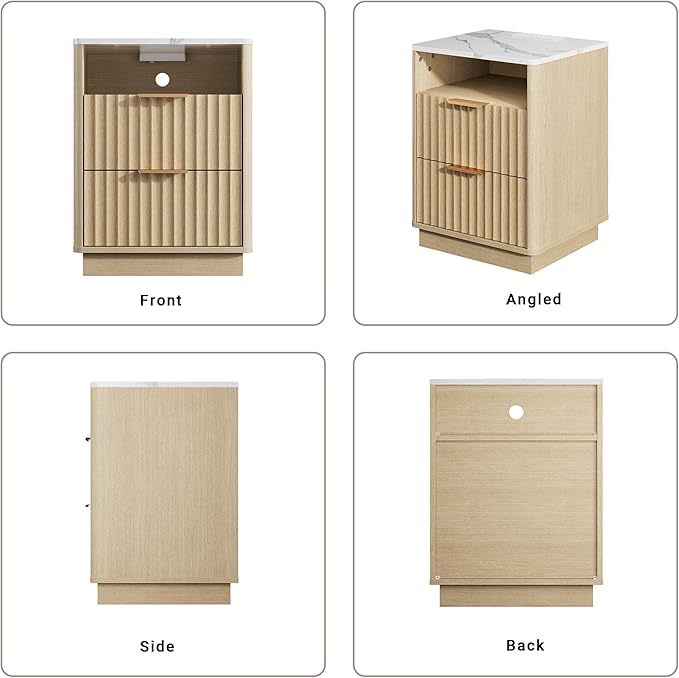 Fluted Nightstand Set of 2 with Charging Station, 18" Modern Night Stand with Faux Marble Top, 2 Drawers End Table with Storage for Bedroom Living Room, Curved Profile Design (Natural Oak)